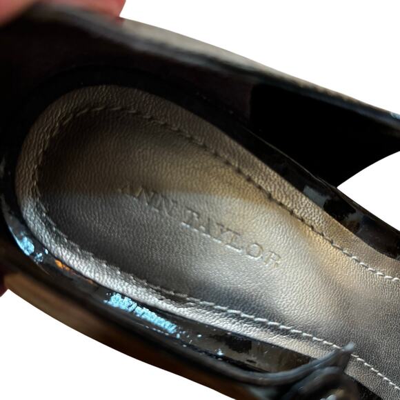 Ann Taylor dark brown/black patent leather platform high heel peep toe shoes 8M - Picture 9 of 11